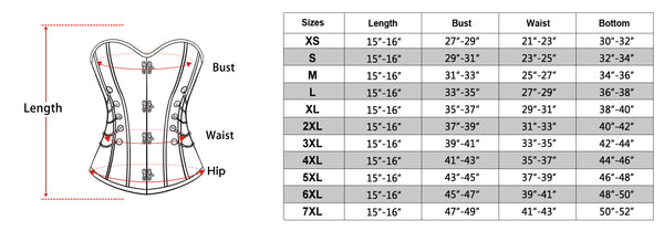 size chart of the Steampunk Brown Corset Top with Chains