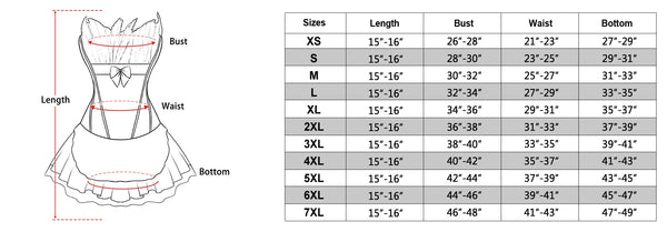 size chart of the peacock corset top