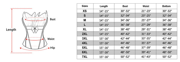 size chart of the Peacock Corset Outfits