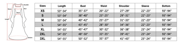 size chart of the medieval princess dress