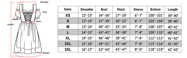 size chart of the deep blue dirndl dress