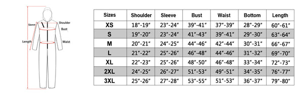 SIZE CHART OF THE DALI COSTUMES
