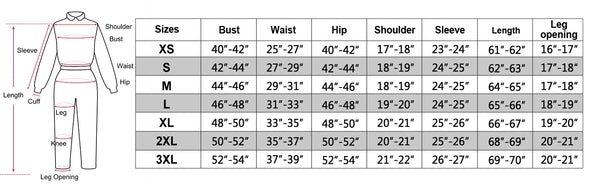 size chart of the top gun flight suit