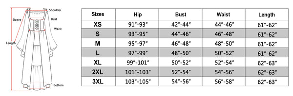 size chart of the Renaissance Dress