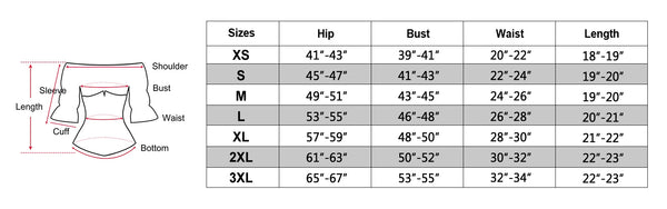 size chart of the Women's Off Shoulder Tops