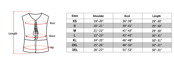 size chart of the men's pirate vest