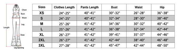 size chart of the disco outfits