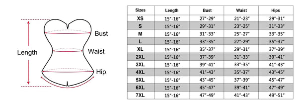 size chart of the white lace corset