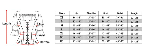 size chart of the medieval costume for women