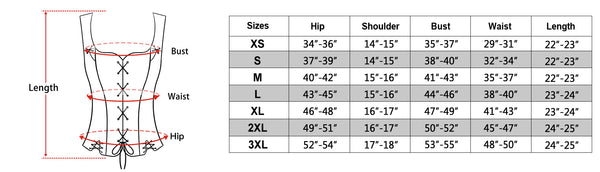 size chart of the pirate vest for women