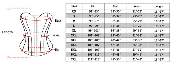 size chart of the gothic corset top