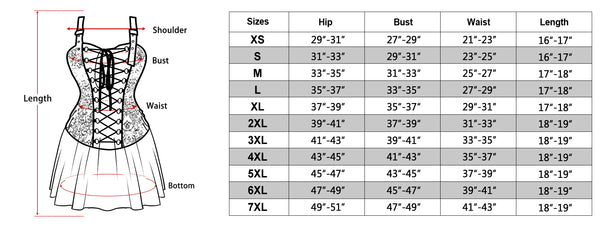 size chart of the blue corset dress