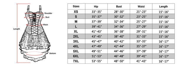 SIZE CHART OF THE STEAMPUNK CORSET OUTFITS