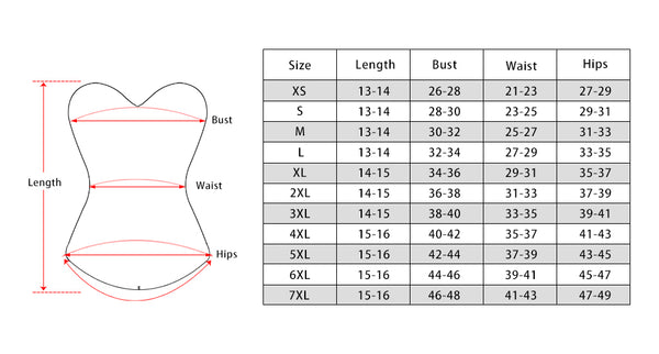 size chart of the red corset dress
