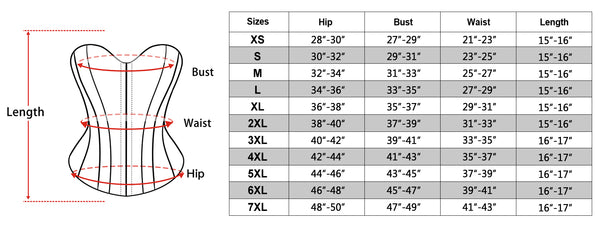 size chart of the white Gothic corset top