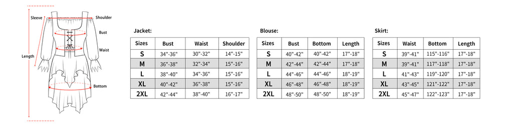 size chart of the Pirate Costume for Women