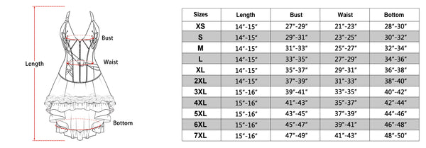 size chart of the strap corset dress