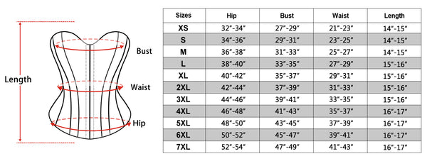 size chart of the Christmas Corset