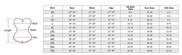 size chart of the medieval corsets