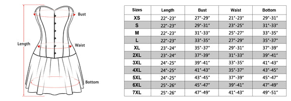 size chart of the Gold Corset Dress