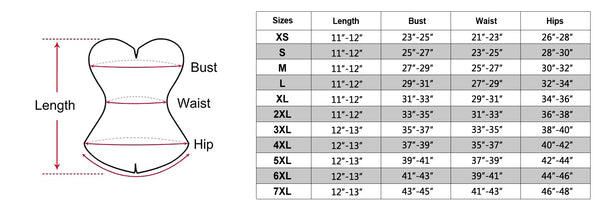 SIZE CHART OF THE Black Underbust Corset