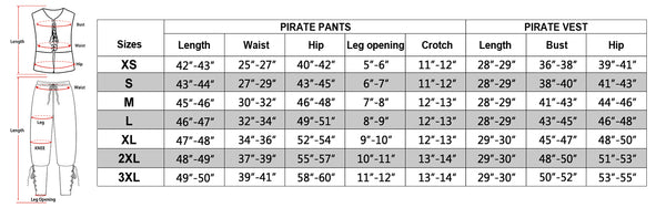 size chart of the pirate outfit