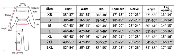 size chart of the Pilot Jumpsuits for Women