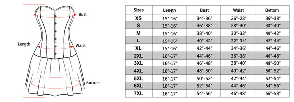 size chart of the Gothic corset dress