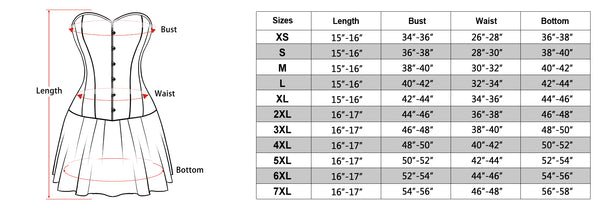 size chart of the corset dress with straps