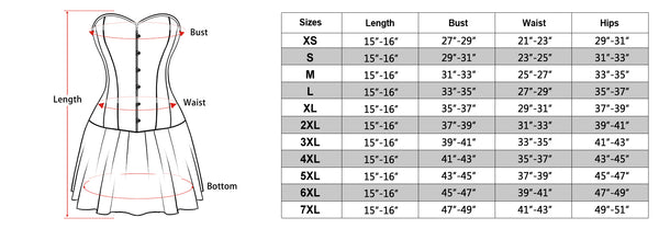 size chart of the goth corset dress long