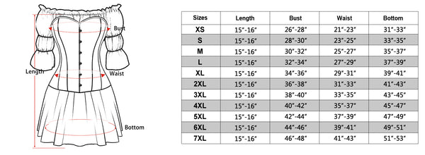size chart of the white shirt dress with black corset