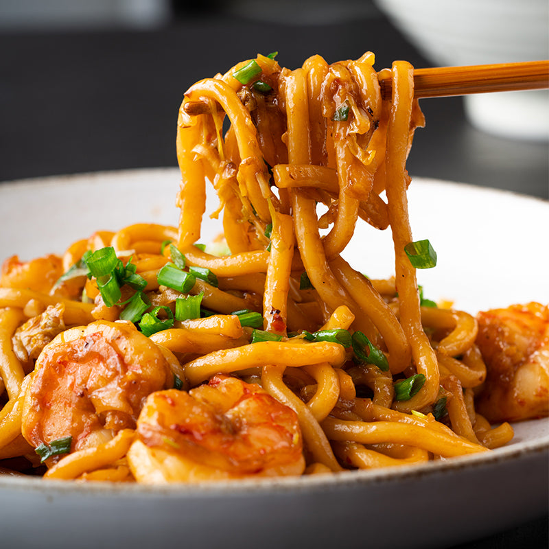 Finished dish: Stir fried prawns and udon noodles