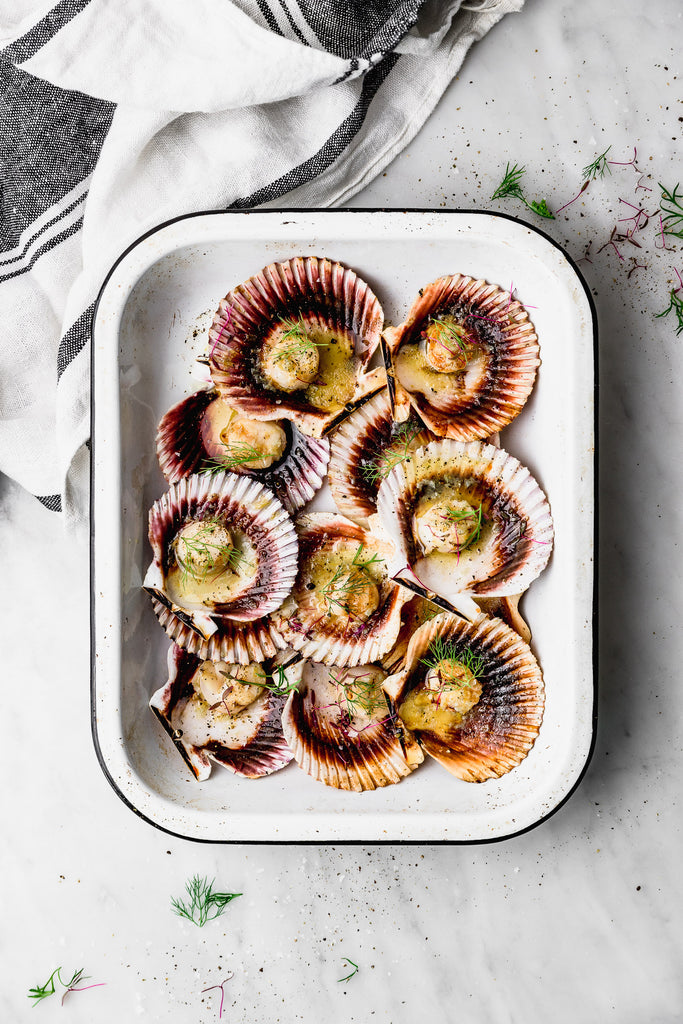 Grilled scallops on a white baking tray