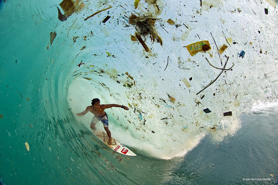Surfer in wave of plastic pollution