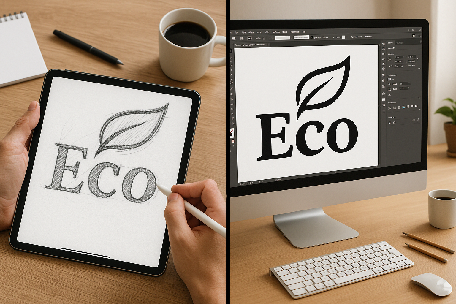 A final image showing a designer transitioning a sketch from iPad to a desktop Illustrator interface, or a side-by-side comparison of a raster drawing vs. a vector version of the same object.