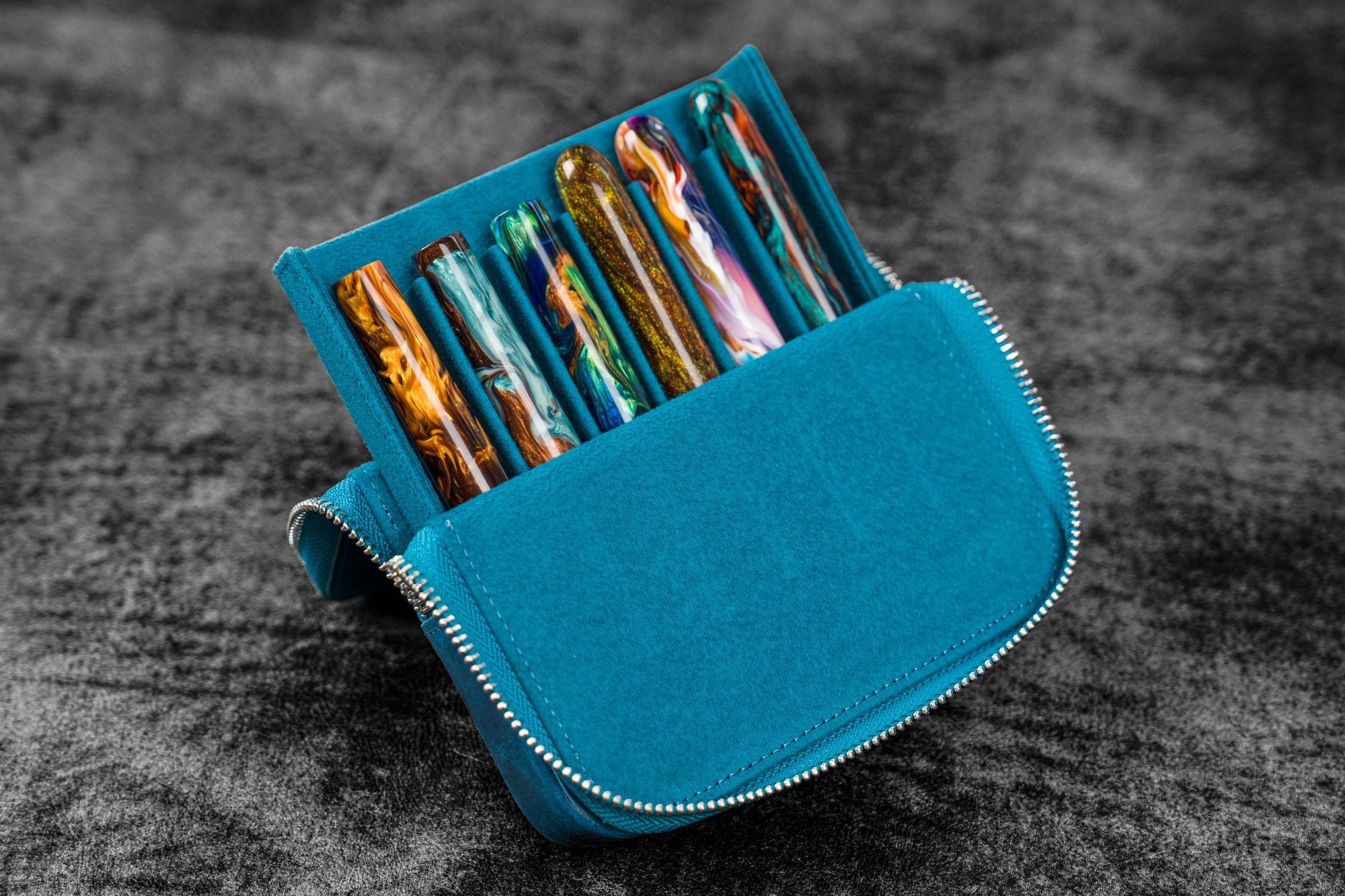 Handmade Teal Blue Leather 6 Slots Pen Case