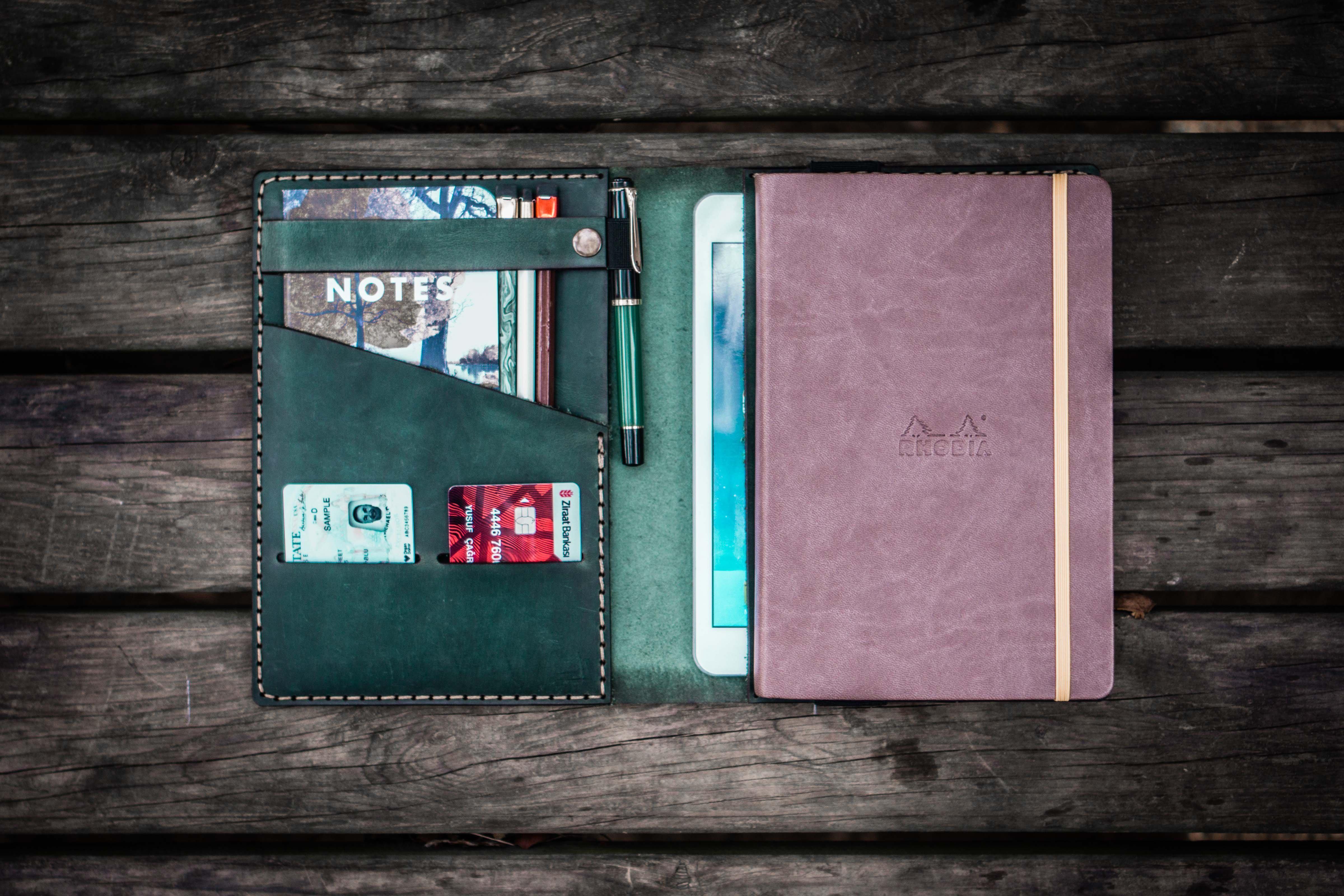 Leather Rhodia A5 Notebook & iPad Mini Cover - Crazy Horse Forest Green, Galen Leather