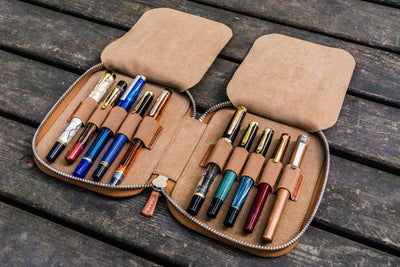 Leather Zippered 10 Slots Pen Case - Brown, Galen Leather