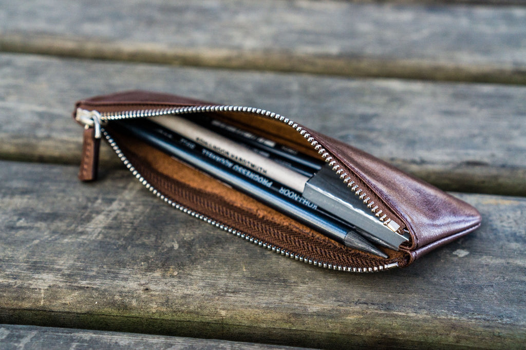 Leather Zippered Small Pencil Pouch/Case - Brown - Galen Leather