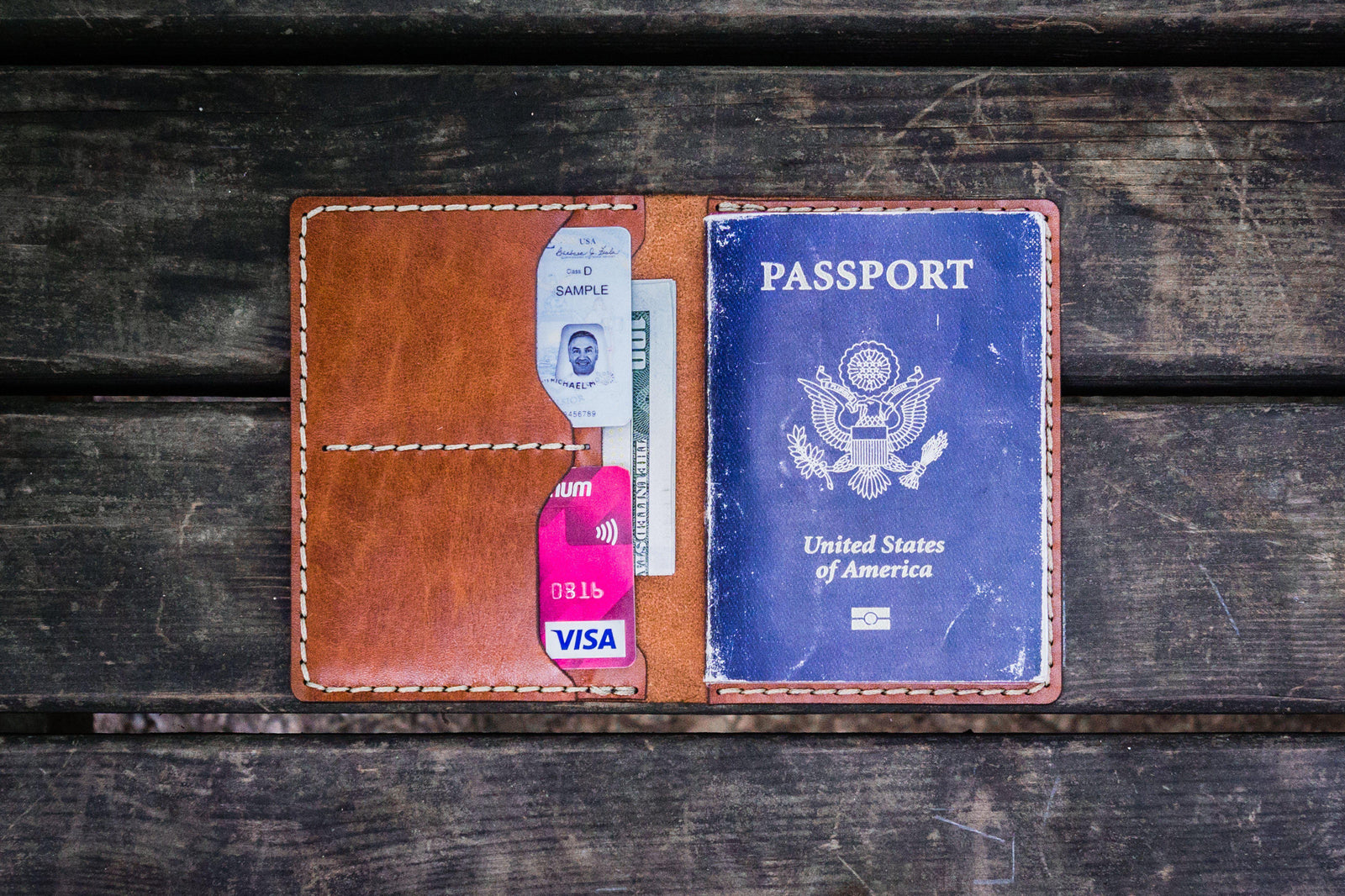 Monogram leather passport holder tan grain – TOTEME