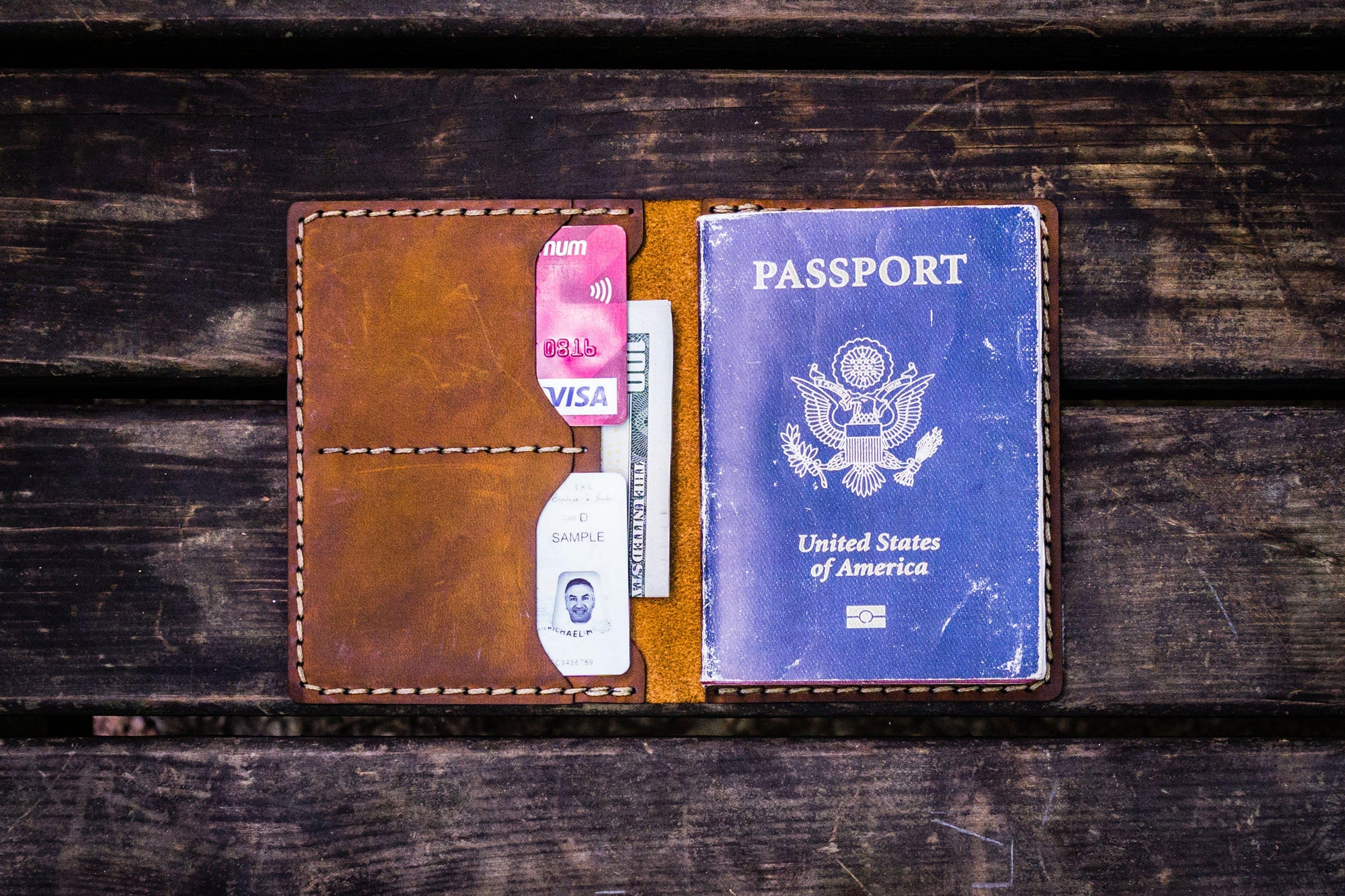 Monogram leather passport holder tan grain – TOTEME