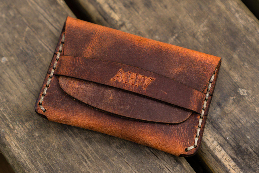 Personalized Basic Leather Wallet/Card Holder - Crazy Horse Orange - Galen Leather