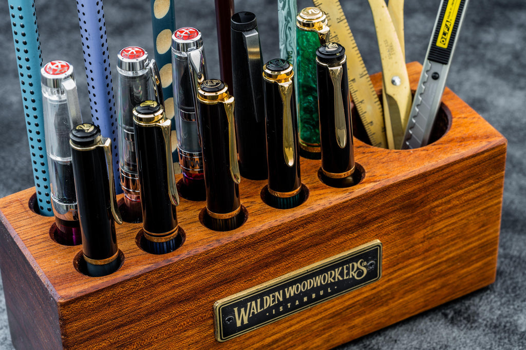 Handmade Mahogany Wood Desk Organizer Pen Holder Galen Leather