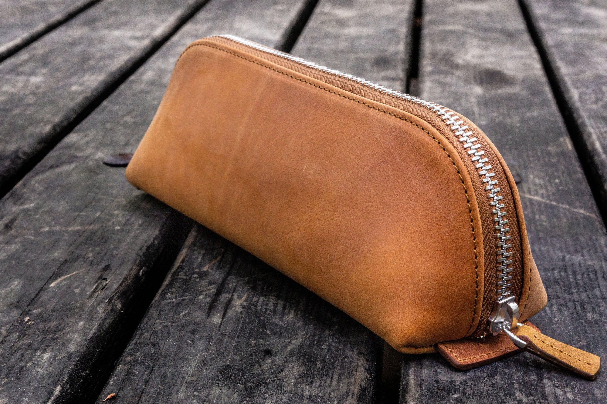 Winnie Leather Zipper Pen Pencil Case (Cognac)