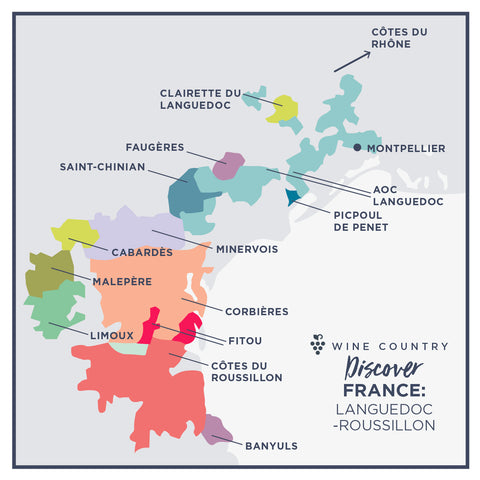 Wine map of the Languedoc-Roussillon wine region in France