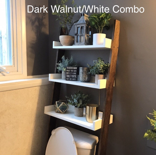 Walnut Over the Toilet Ladder Shelf, Wood Shelf, Bathroom Storage
