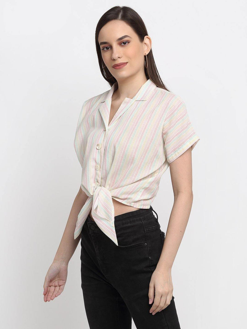 Cotton Front knot Crop Shirt- Ivory with multicolored stripes - theukkiyolife