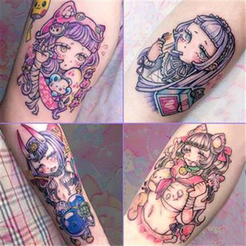 9pc/Set Dark Cartoon Girl Temporary Tattoo Stickers Female Waterproof Cool Sexy Body Art Fake Tattoo Flower Arm Tattoo Stickers