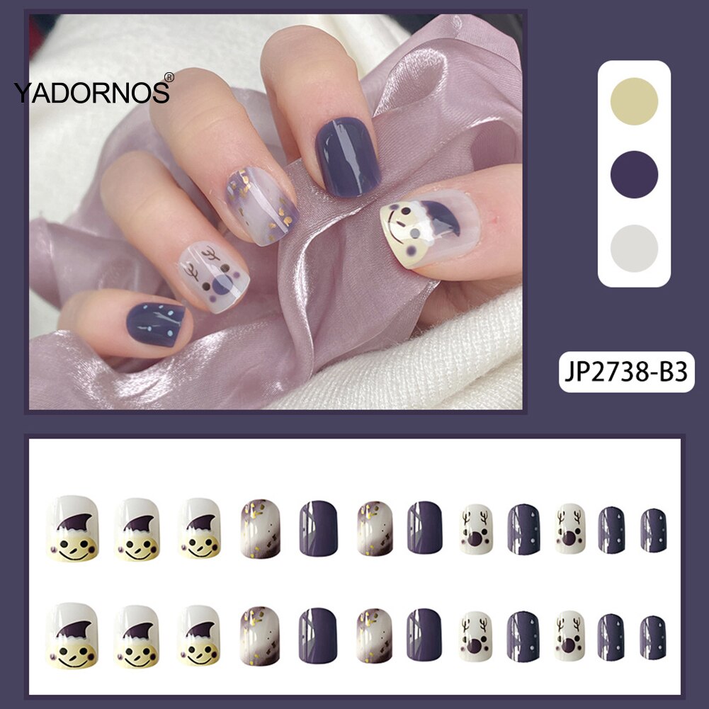 Short Square Nail Cute Snowman Short Stick On Nails Full Cover Finished Nails Piece With Jelly Gel 24pcs For Women And Girls Ty