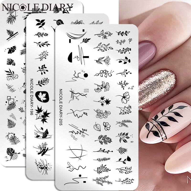NICOLE DIARY Leaves Flower Stripe Design Stamping Plates Abstract Lady ...